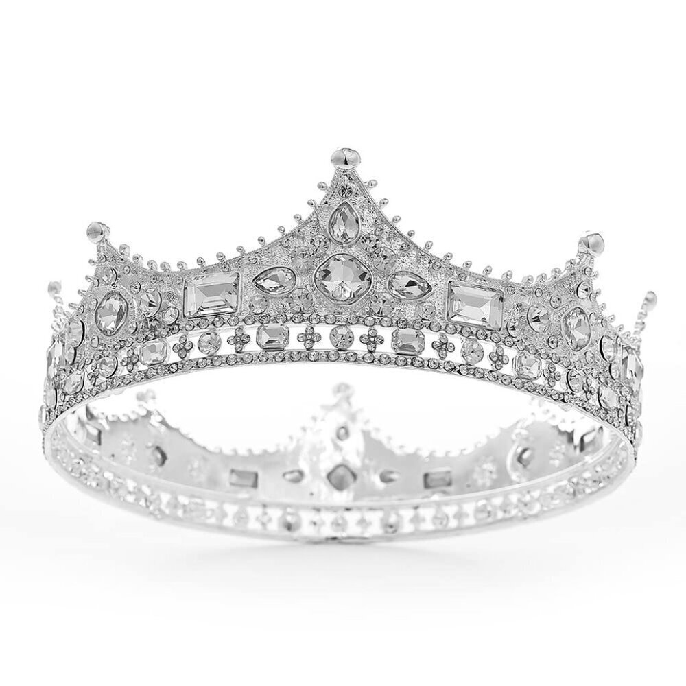 Vintage Rhinestone Crown Hair Accessory Mens Prom Wedding Tiara Silver